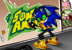 Size: 1024x717 | Tagged: artist needed, safe, amy rose, sonic the hedgehog, hedgehog, beat (jet set radio), cosplay, female, graffiti, gum (jet set radio), headphones, jet set radio, male, rollerskates, spray can, spray paint, sunglasses