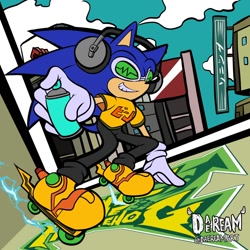 Size: 1200x1200 | Tagged: safe, artist:daereamart, sonic the hedgehog, hedgehog, beat (jet set radio), cosplay, graffiti, headphones, jet set radio, male, rollerskates, spray can, spray paint, sunglasses