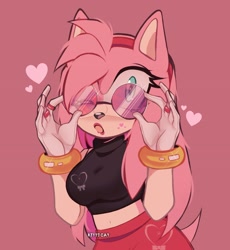 Size: 2777x3016 | Tagged: safe, artist:vanyloveart, amy rose, 2024, alternate outfit, clothes, crop top, heart, looking at viewer, mouth open, pink background, ring (jewelry), signature, simple background, skirt, solo, standing, sunglasses