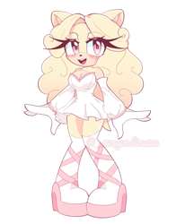Size: 801x1020 | Tagged: safe, artist:ange1inaa, oc, oc:angie the hedgehog, hedgehog, 2024, cleavage, clothes, dress, eye clipping through hair, female, gloves, hair, long gloves, long hair, mouth open, oc only, open smile, pink eyes, shoes, signature, simple background, smile, socks, solo, standing, stockings, white background, yellow fur