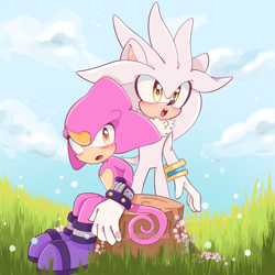 Size: 1200x1200 | Tagged: safe, artist:ange1inaa, espio the chameleon, silver the hedgehog, 2024, abstract background, blushing, clouds, cute, dandelion, daytime, duo, flower, gay, grass, looking at viewer, looking offscreen, mouth open, outdoors, shipping, signature, silvio, sitting, standing, tree stump
