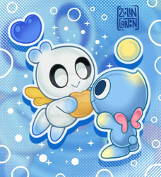 Size: 600x658 | Tagged: safe, artist:zulin333, chao, 2024, :>, abstract background, cute, duo, flying, hero chao, holding something, mid-air, neutral chao, outline, signature, smile, smiling at each other, sparkles, standing
