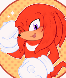 Size: 1184x1400 | Tagged: safe, artist:pupisuwu, knuckles the echidna, 2025, abstract background, blushing, cheek fluff, clenched fists, cute, knucklebetes, mouth open, one fang, open smile, outline, signature, smile, smiling at viewer, solo, sparkles, standing, wink