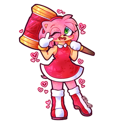 Size: 1500x1500 | Tagged: safe, artist:riidrawings, amy rose, 2025, amybetes, blushing, cute, heart, holding something, mouth open, open smile, piko piko hammer, pointing, simple background, smile, smiling at viewer, solo, standing, transparent background, wink, winking at viewer