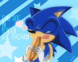 Size: 1000x800 | Tagged: safe, artist:msn1412, sonic the hedgehog, 2023, abstract background, chili dog, english text, eyes closed, food, heart, holding something, indonesian text, licking, licking lips, signature, solo, sonic x style, standing, star (symbol), text, tongue out