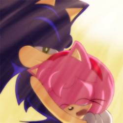Size: 500x500 | Tagged: safe, artist:msn1412, amy rose, sonic the hedgehog, 2013, crying, duo, eyes closed, hugging, lidded eyes, light, looking at viewer, mouth open, standing, sun, tears, tears of sadness