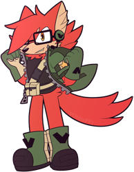Size: 2428x3128 | Tagged: safe, artist:pdaisyff1, gadget the wolf, wolf, 2020, belt, clenched fists, clothes, ear fluff, flat colors, glasses, gloves, hair over one eye, head fluff, jacket, leg fluff, looking at viewer, one fang, open jacket, peach fur, red fur, shirt, shoes, simple background, smile, solo, standing, transparent background