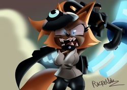 Size: 2048x1448 | Tagged: safe, artist:rick_dubs, whisper the wolf, 2025, abstract background, cleavage, fangs, glowing eyes, holding something, lineless, mouth open, signature, solo, standing