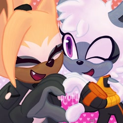 Size: 2048x2048 | Tagged: safe, artist:monoex, tangle the lemur, whisper the wolf, 2025, abstract background, cute, eyes closed, heart, heart hands, lesbian, lesbian pride, one fang, pride, pride flag, shipping, smile, standing, tangle x whisper, wink
