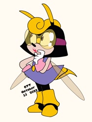 Size: 1536x2048 | Tagged: safe, artist:cerbie20, oc, oc:honey bee, bee, 2022, clothes, dress, gloves, goggles, hair, hand on hip, leg warmers, looking offscreen, oc only, shoes, signature, simple background, solo, text, white background