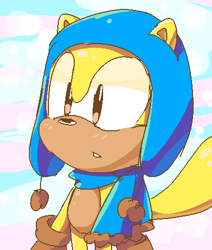 Size: 403x476 | Tagged: safe, artist:lmsr, ray the flying squirrel, 2013, abstract background, blushing, clenched teeth, hat, looking offscreen, pixel art, scarf, solo, standing, winter, winter outfit