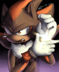 Size: 1024x1229 | Tagged: safe, artist:ghost-of-hooxie, shadow the hedgehog, sonic the hedgehog (2006), 2019, gradient background, line art, looking offscreen, mouth open, one fang, redraw, removing limiter ring, signature, solo