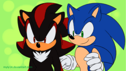 Size: 711x400 | Tagged: safe, artist:myly14, shadow the hedgehog, sonic the hedgehog, 2016, abstract background, animated, cute, duo, flat colors, gif, hugging, smile, standing, surprise hug, surprised