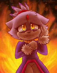 Size: 500x640 | Tagged: safe, artist:klarikatt, blaze the cat, 2014, abstract background, aged down, clenched fist, clenched teeth, crying, fire, floppy ears, glowing eyes, hand on face, headcanon, looking at viewer, solo, standing, tears, tears of sadness, younger