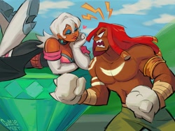 Size: 2464x1848 | Tagged: safe, artist:gummiemutt, knuckles the echidna, rouge the bat, duo, earring, female, heart, male, master emerald, muscular, outdoors, screaming, species swap