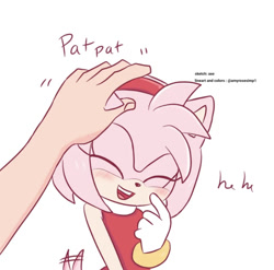 Size: 750x742 | Tagged: source needed, safe, artist:amyrosesimp1, amy rose, hedgehog, human, amybetes, blushing, clothes, cute, dress, eyes closed, female, hand, happy, male, petting, skirt, wagging tail