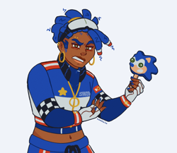 Size: 1500x1300 | Tagged: safe, artist:esmeblaise-art, sonic the hedgehog, human, 2025, belly button, clenched teeth, clothes, crop jacket, dark skin, ear piercing, earring, eyebrow piercing, eyewear on head, face piercing, fingerless gloves, food, gloves, goggles, goggles on head, holding something, humanized, ice cream, jacket, looking at viewer, midriff, pants, shirt, simple background, solo, sonic ice cream, standing, white background