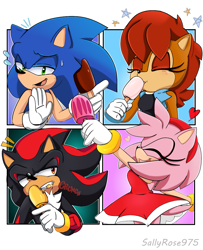 Size: 1021x1259 | Tagged: safe, artist:sallyrose975, amy rose, sally acorn, shadow the hedgehog, sonic the hedgehog, 2025, clothes, eating, food, group, holding something, ice cream, signature, star (symbol), sweatdrop