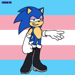 Size: 600x600 | Tagged: safe, artist:prettylittlepsycho20, sonic the hedgehog, 2025, boots, flat colors, gloves, lidded eyes, long gloves, picrew, pride, pride flag, pride flag background, signature, smile, solo, trans male, trans pride, transgender