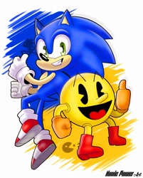 Size: 1276x1588 | Tagged: safe, artist:nonicpower, sonic the hedgehog, 2025, abstract background, clenched fist, crossover, double thumbs up, duo, looking at viewer, pacman, signature, smile, smiling at viewer, thumbs up