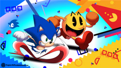 Size: 5693x3201 | Tagged: safe, artist:superalfredouniverse, sonic the hedgehog, 2025, abstract background, classic sonic, crossover, duo, looking ahead, looking offscreen, pacman, running, smile