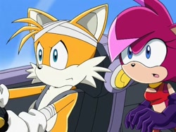 Size: 640x478 | Tagged: safe, editor:milkshakefairy, miles "tails" prower, sonia the hedgehog, 2025, :o, bandage, duo, edit, edited screencap, frown, looking ahead, looking offscreen, mouth open, plane, sonic x, steering wheel