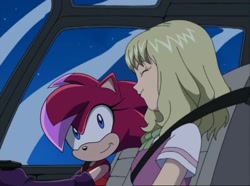 Size: 958x712 | Tagged: safe, editor:milkshakefairy, sonia the hedgehog, human, 2025, duo, edited screencap, helen, nighttime, sitting, smile, sonic x, star (sky), steering wheel