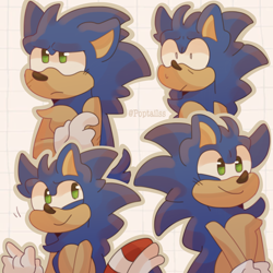 Size: 1378x1378 | Tagged: safe, artist:mystfrilliex, sonic the hedgehog, 2024, arms folded, cute, frown, looking offscreen, shrunken pupils, smile, solo, watermark