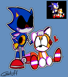 Size: 611x692 | Tagged: safe, artist:cstuff7, metal sonic, tails doll, sonic r, 2022, black sclera, blue background, duo, hand on hip, headpats, heart, looking at each other, outline, petting, redraw, reference inset, robot, signature, simple background, sitting, standing