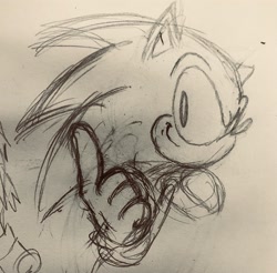 Size: 2581x2535 | Tagged: safe, artist:draxiee, sonic the hedgehog, 2025, line art, looking at viewer, monochrome, pencilwork, pointing, sketch, smile, smiling at viewer, solo, traditional media