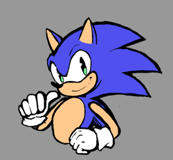 Size: 696x642 | Tagged: safe, artist:dandison, sonic the hedgehog, 2025, clenched fist, flat colors, grey background, pointing, simple background, smile, smiling at viewer, solo