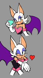 Size: 1070x1932 | Tagged: safe, artist:dandison, rouge the bat, 2025, blowing a kiss, chaos emerald, cleavage, flat colors, grey background, heart, holding something, simple background, smile, smiling at viewer, solo, wink