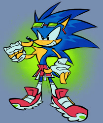 Size: 1173x1400 | Tagged: safe, artist:jojoleafy1234, sonic the hedgehog, 2025, clothes, eyewear on head, finger under nose, fingerless gloves, gloves, gradient background, redesign, shoes, shorts, signature, smile, socks, solo, standing, sunglasses, topless
