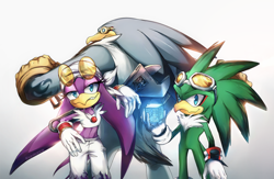 Size: 2000x1303 | Tagged: safe, artist:sanitrance, jet the hawk, storm the albatross, wave the swallow, bird, 2024, babylon rogues, gradient background, holding something, key to babylon garden, looking at viewer, sonic riders, standing, trio, wrench