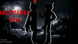 Size: 1188x673 | Tagged: safe, artist:mokathekiller, tails doll, oc, oc:sonic.exe, 2016, duo, glowing eyes, halloween, monochrome