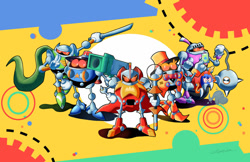 Size: 1024x663 | Tagged: safe, artist:dog22322, moto bug, sonic mania, 2017, abstract background, alternate version, badnik, eyelashes, group, hardboiled heavies, heavy gunner, heavy king, heavy magician, heavy rider, heavy shinobi, holding something, katana, looking at viewer, missile launcher, robot, shadow (lighting), sitting, standing, weapon