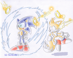 Size: 762x611 | Tagged: safe, artist:thepandamis, miles "tails" prower, sonic the hedgehog, 2005, duo, elemental shield, ring, shield (power-up), signature, simple background, standing, thunder shield, traditional media, unaware, white background