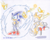 Size: 762x611 | Tagged: safe, artist:thepandamis, miles "tails" prower, sonic the hedgehog, 2005, duo, elemental shield, ring, shield (power-up), signature, simple background, standing, thunder shield, traditional media, unaware, white background