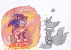 Size: 847x598 | Tagged: safe, artist:thepandamis, miles "tails" prower, sonic the hedgehog, 2005, charred, duo, elemental shield, fire, fire shield, flame, looking at each other, shield (power-up), simple background, standing, tails is not amused, traditional media, unamused, white background