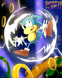 Size: 800x1000 | Tagged: safe, artist:ishida1694, sonic the hedgehog, hedgehog, 2019, abstract background, classic sonic, elemental shield, hidden palace zone, jumping, looking up, male, mid-air, ring, shield (power-up), solo, sparkles, thunder shield