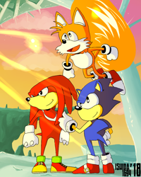 Size: 800x1000 | Tagged: safe, artist:ishida1694, knuckles the echidna, miles "tails" prower, sonic the hedgehog, sonic the ova, 2018, abstract background, classic knuckles, classic sonic, classic tails, daytime, flying, looking offscreen, mouth open, open smile, ova style, signature, smile, spinning tails, standing, team sonic, trio