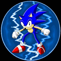 Size: 559x556 | Tagged: safe, artist:kryptid, sonic the hedgehog, 2006, arms out, black background, clenched fists, elemental shield, modern sonic, shield (power-up), simple background, smile, smiling at viewer, solo, thunder shield