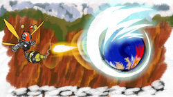 Size: 1920x1080 | Tagged: safe, artist:rubyofblue, buzz bomber, sonic the hedgehog, sonic adventure, 2021, abstract background, badnik, black sclera, curled up, daytime, duo, flying, imminent death, insta-shield, looking at them, mid-air, outdoors, projectile, robot, spin jump