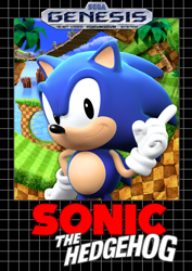 Size: 1485x2100 | Tagged: safe, artist:showingrowin, sonic the hedgehog, sonic the hedgehog (1991), 2021, 3d, abstract background, box art, bridge, classic sonic, clouds, grass, looking at viewer, loop, palm tree, pointing, redraw, smile, smiling at viewer, solo, tree, wagging finger, water