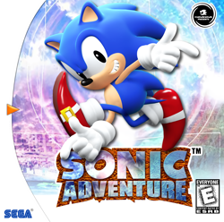 Size: 2222x2203 | Tagged: safe, artist:showingrowin, sonic the hedgehog, sonic adventure, 2021, 3d, abstract background, adventure pose, box art, classic sonic, mid-air, pointing, posing, redraw, sega logo, smile, smiling at viewer, solo