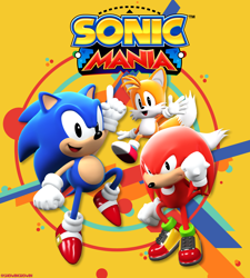 Size: 2750x3055 | Tagged: safe, artist:batronic, artist:showingrowin, knuckles the echidna, miles "tails" prower, sonic the hedgehog, sonic mania, 2021, 3d, abstract background, box art, classic knuckles, classic sonic, classic tails, looking at viewer, mid-air, posing, redraw, smile, smiling at viewer, team sonic, trio