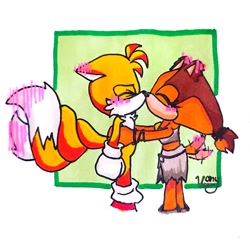 Size: 1612x1548 | Tagged: safe, artist:vanyroyalart, miles "tails" prower, sticks the badger, 2025, blushing, blushing ears, duo, eyes closed, holding each other, kiss, shipping, signature, standing, sticks x tails, straight, traditional media, twisted tails, wagging tail