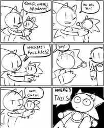 Size: 446x547 | Tagged: safe, artist:hydro-city-zone, miles "tails" prower, sonic the hedgehog, 2017, classic sonic, comic, dialogue, english text, faic, holding them, implied tails, line art, monochrome, self paradox, simple background, speech bubble, standing, text, white background