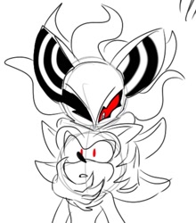 Size: 1075x1220 | Tagged: safe, artist:neonspindash, infinite the jackal, shadow the hedgehog, sonic forces, 2017, clenched teeth, duo, frown, holding something, line art, monochrome, simple background, spot color, white background