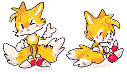 Size: 894x526 | Tagged: safe, artist:owomon, miles "tails" prower, 2015, :>, cute, looking at viewer, looking offscreen, signature, simple background, sitting, smile, solo, standing, tailabetes, v sign, white background, wink